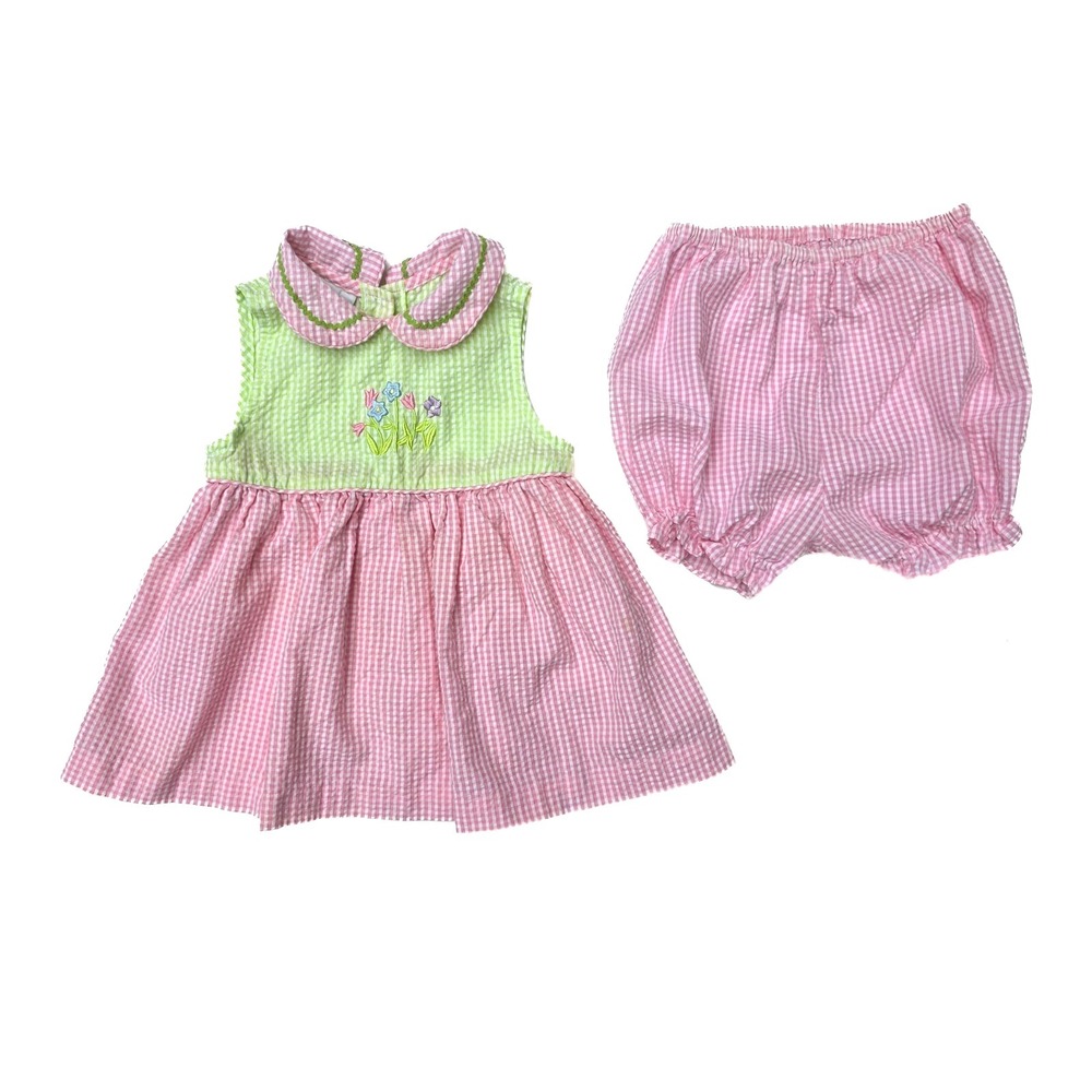 VTG Baby Girl 18M Seersucker Dress Bloomers Set Pink Green Floral Cottage